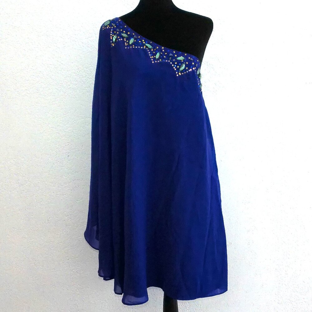 Marineblu, Blue one shoulder embellished top, with sequins / rhinestone design